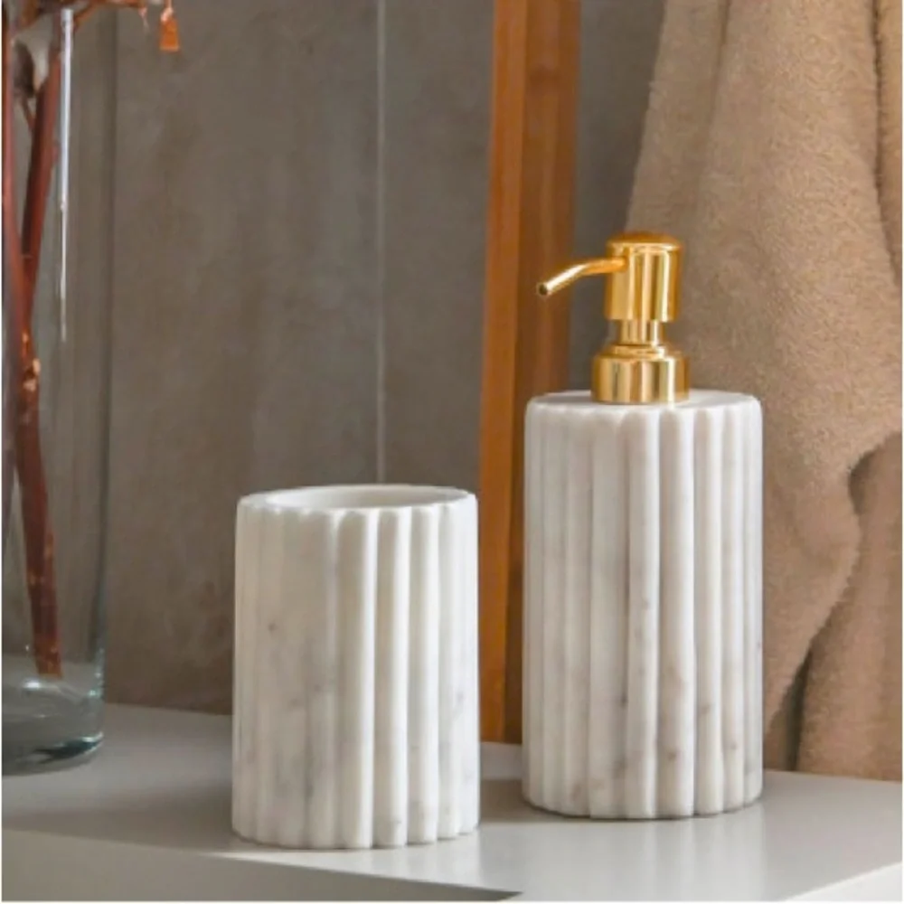 Ribbed Fluted Handcrafted Marble ~ toothbrush holder 4”x2.5”